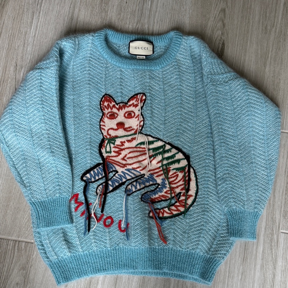 Gucci Light Blue Cat Motif Sweater